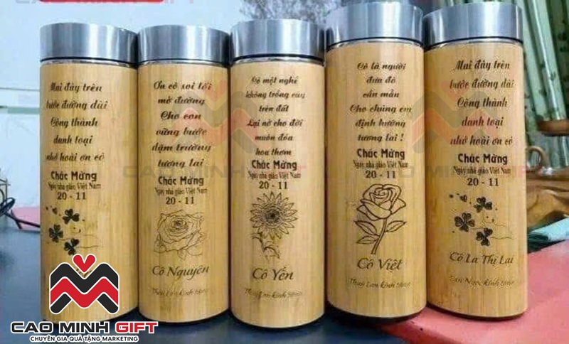 Cao Minh gift - Chuyên in khắc logo, thông điệp, hình ảnh theo yêu cầu lên bình giữ nhiệt vỏ trúc số lượng lớn giá tốt làm quà tặng 20-11