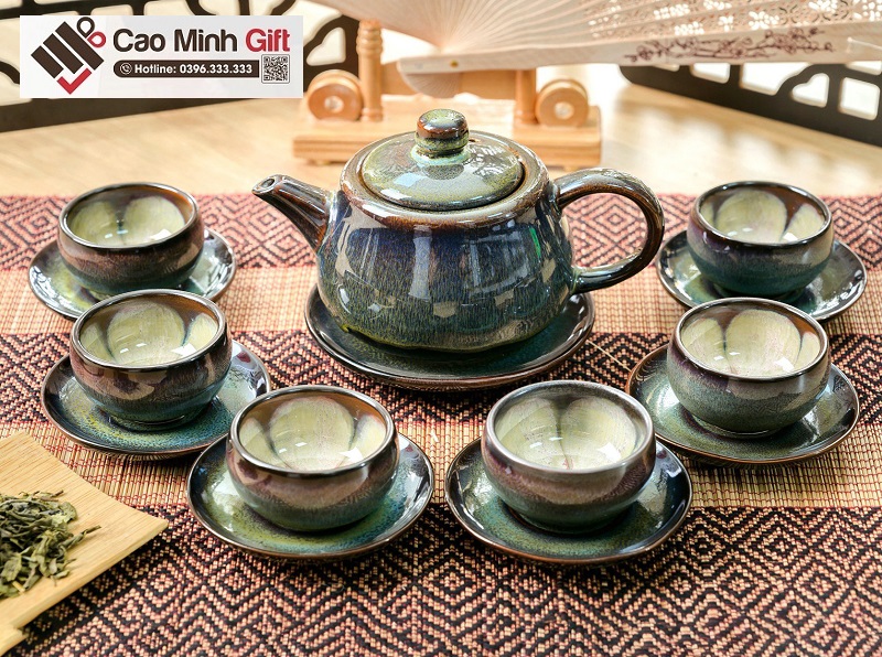 ấm chén men hoả biến Bát Tràng in logo