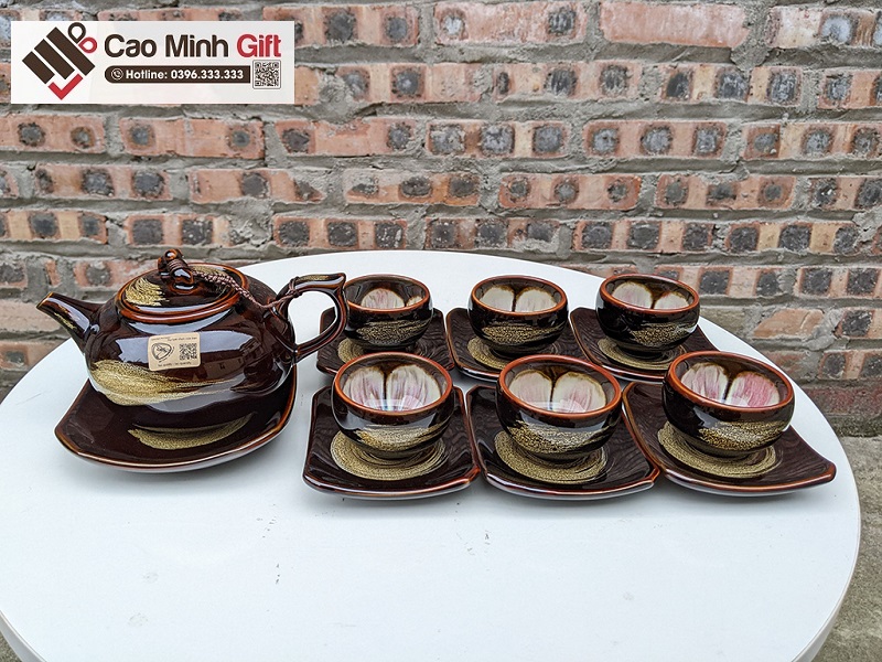 ấm chén men hoả biến Bát Tràng in logo