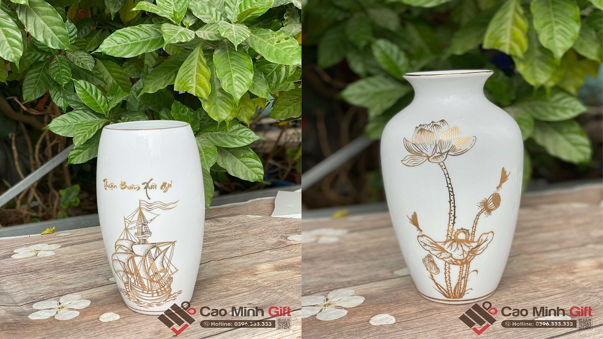 Lọ hoa vẽ vàng in logo