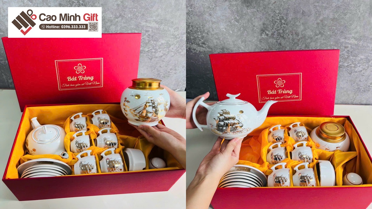 bộ ấm trà sứ trắng vẽ vàng