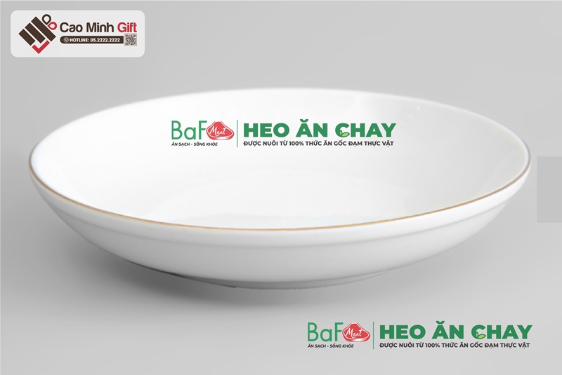 Đĩa sứ trắng in logo Heo Ăn Chay BaF