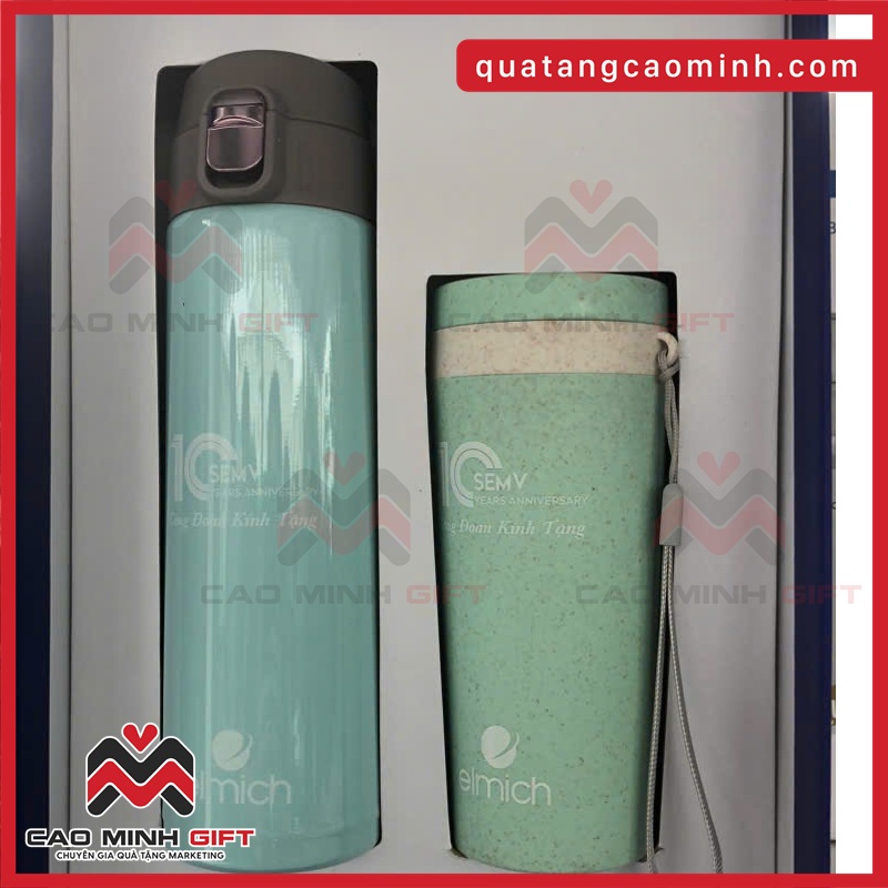 Bộ giftset quà tặng bình giữ nhiệt và cốc lúa mạch in ấn theo yêu cầu