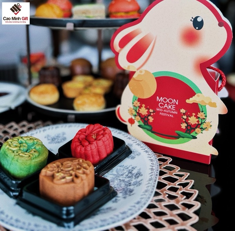 Hộp đựng bánh trung thu 2 cái bằng giấy kết hợp đèn lồng con thỏ dễ thương cho bé