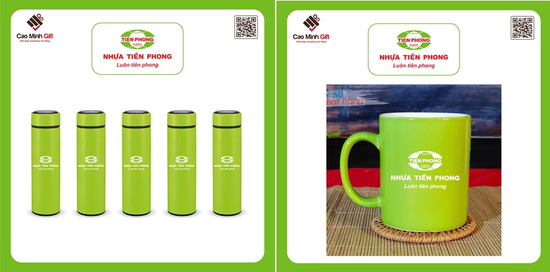 Cốc sứ và bình giữ nhiệt màu xanh