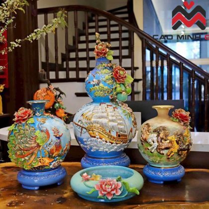 Bộ hồ lô, bình hút lộc Bát Tràng đắp nổi siêu đẹp