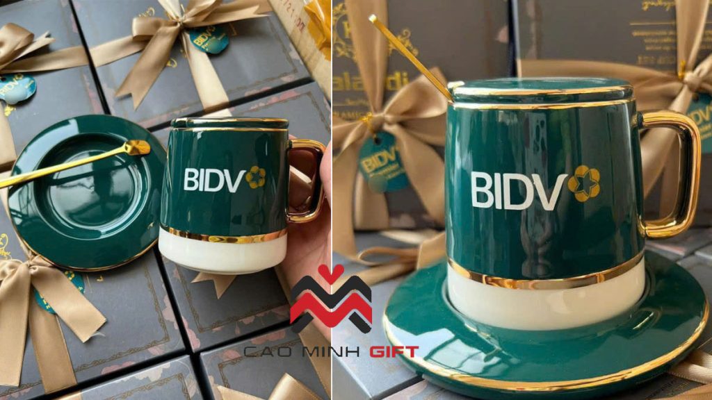 Review bộ cốc sứ quà tặng in logo BIDV màu xanh Bát Tràng cao cấp