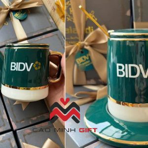 Review bộ cốc sứ quà tặng in logo BIDV màu xanh Bát Tràng cao cấp