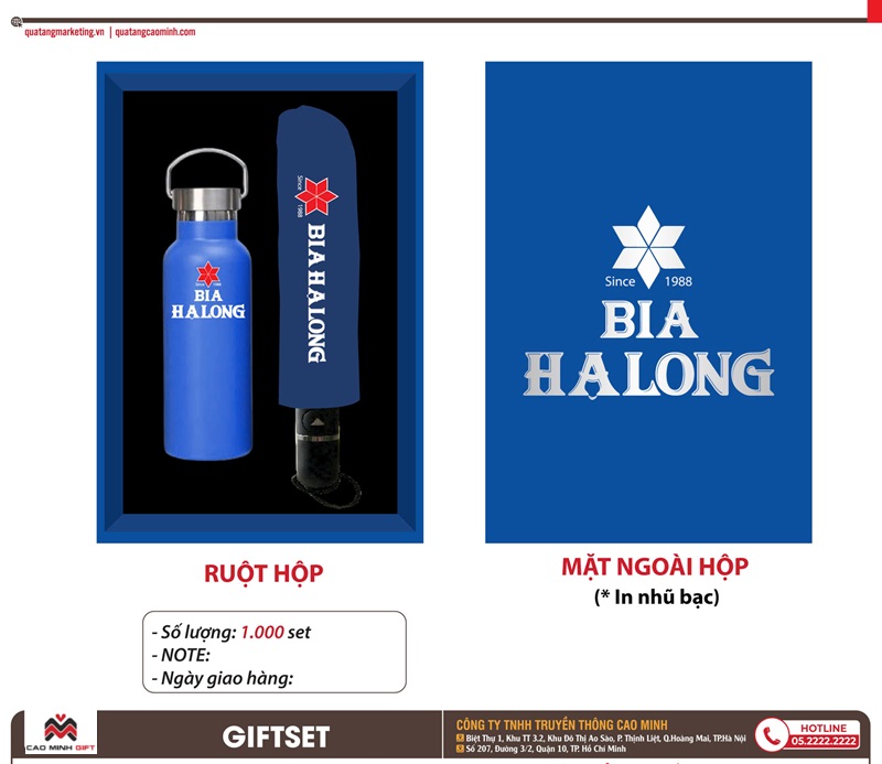 Giftset bình giữ nhiệt và ô gấp 3 tự động 1 chiều - Combo quà tặng bia cao cấp cho khách VIP