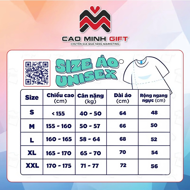 Bảng size áo thun unisex quà tặng Trung thu