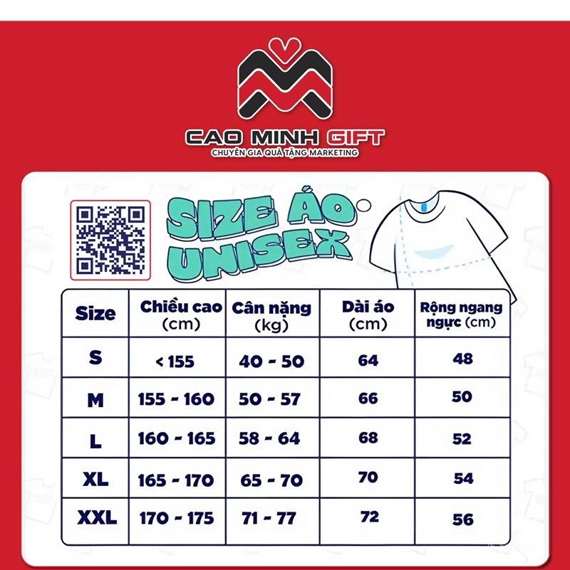 Bảng size áo thun đồng phục unisex Cao Minh gift