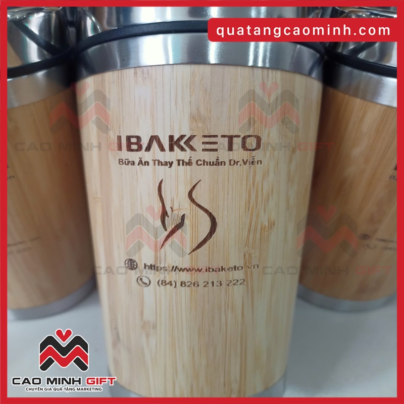 Bình giữ nhiệt vỏ tre in logo độc đáo