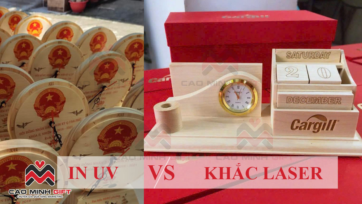 Đồng hồ gỗ khắc laser hay in UV: Nên chọn quà tặng doanh nghiệp nào độc đáo?