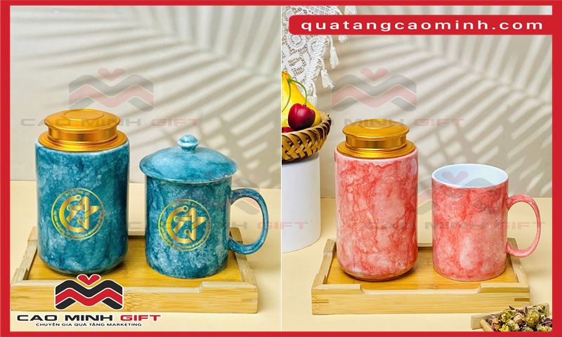 Combo hũ đựng trà và cốc gốm sứ