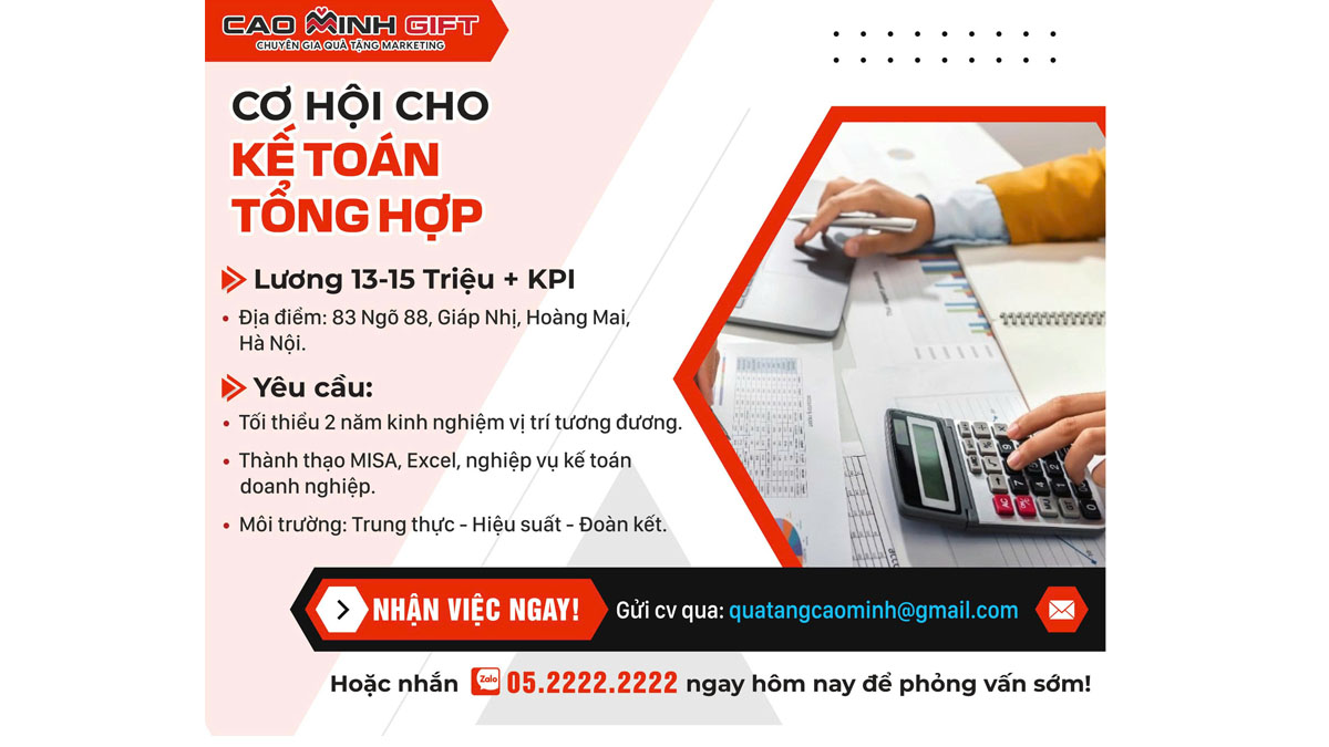 Cao Minh gift tuyển dụng Kế toán tổng hợp - Đi làm ngay