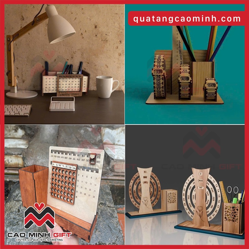 Lịch gỗ để bàn và hộp đựng bút