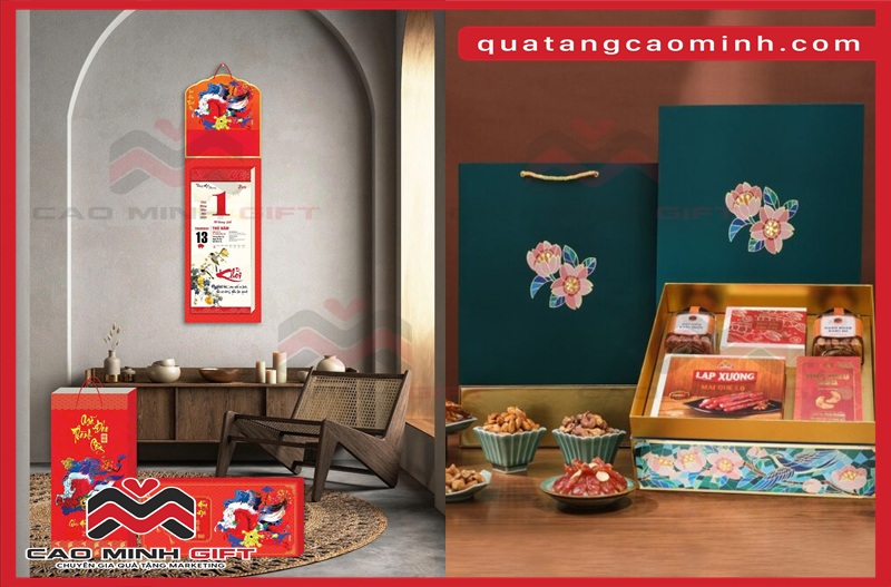 Lịch thư pháp và hộp quà Tết